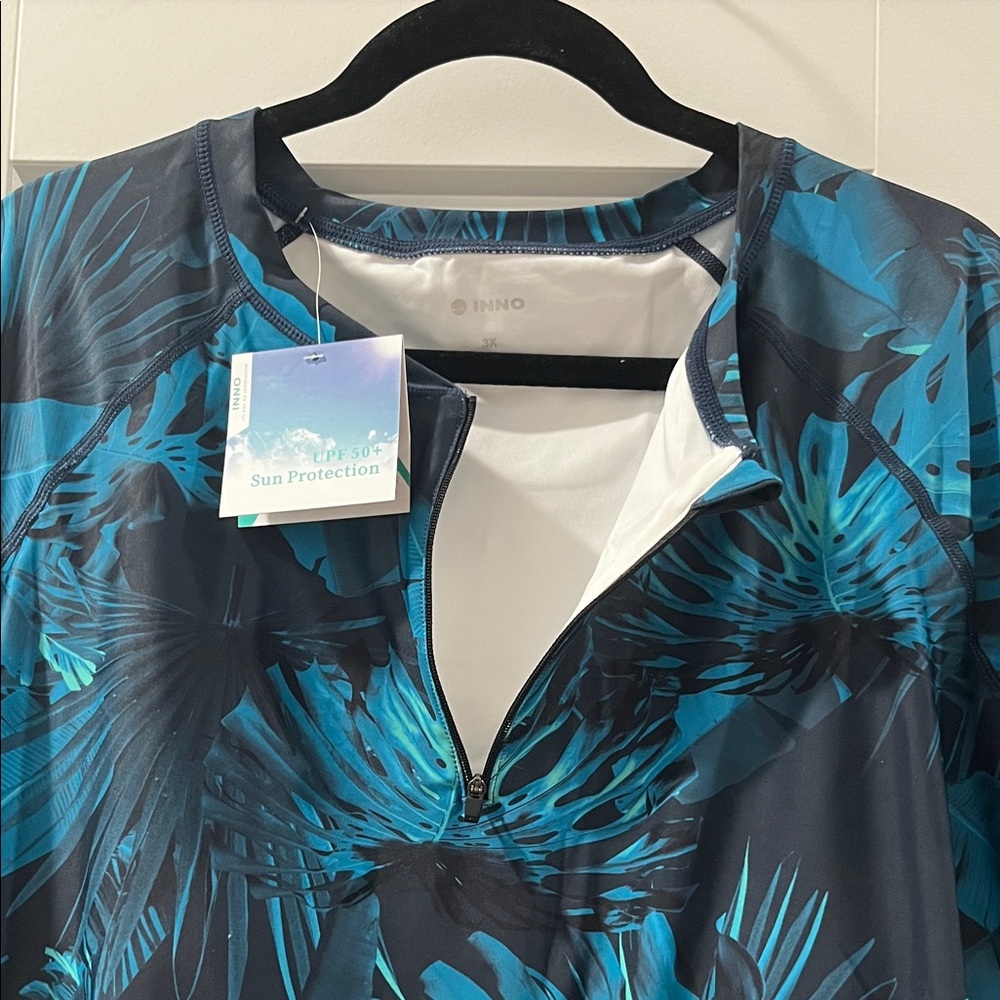 3x Short Sleeve Rash Guard Side Cinches Tropical Blue and Black Swimsuit Top NWT - Picture 7 of 11